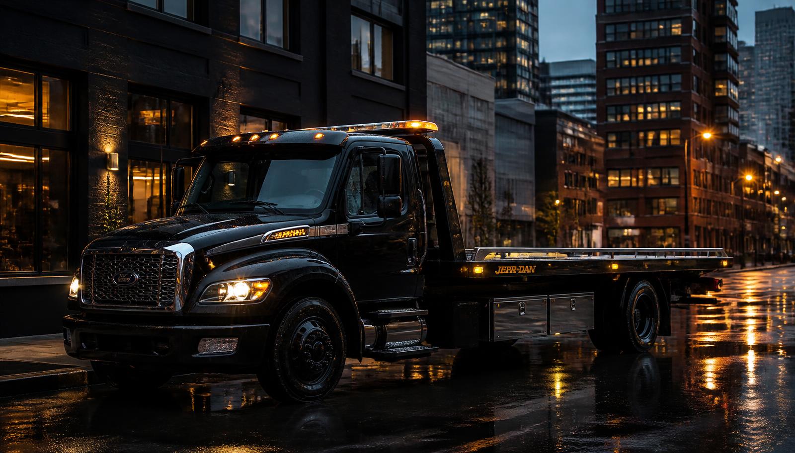 Black flatbed tow truck parked on a wet city street at dusk