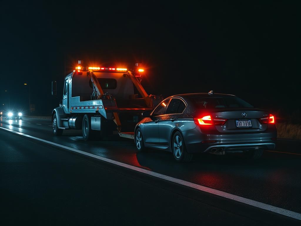 Tow truck with amber warning lights hooking up a disabled car on a highway shoulder at night