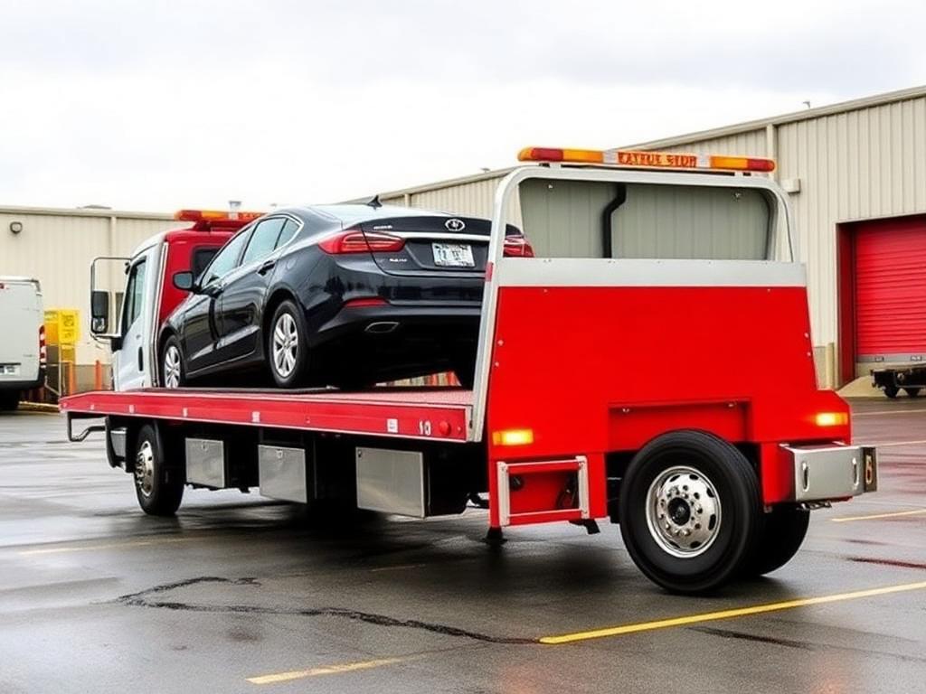 Flatbed tow truck with a car secured on its tilted deck in an industrial lot
