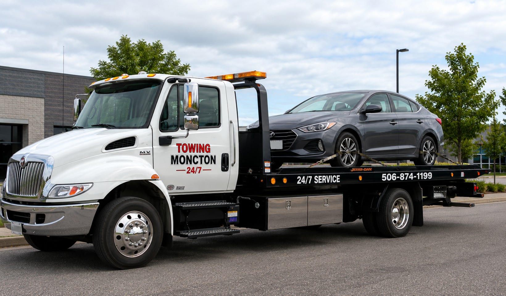 Flatbed tow truck with a car secured on its tilted deck in an industrial lot