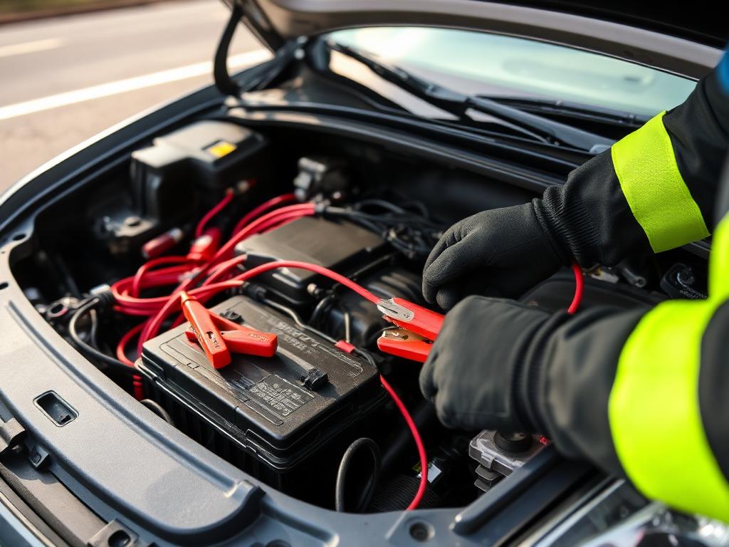 Technician connecting booster cables to a car battery at the roadside
